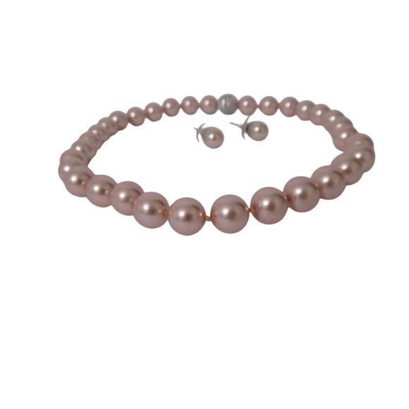 Pink pearl necklace choker and earrings rhinestone clasp - Picture 3 of 7